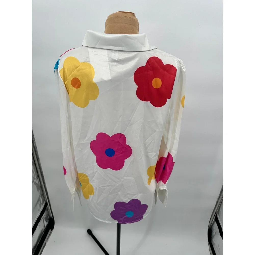 Floral Print‎ Long Sleeve Button Down Shirt Colorful Flowers Funky - Picture 2 of 10